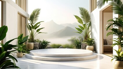 Fototapeta premium Luxurious circular bathtub, panoramic windows, mountain view, modern interior design, tropical plants, sunlit room, minimalist aesthetic, white marble, floor-to-ceiling glass, spa-like atmosphere, ser