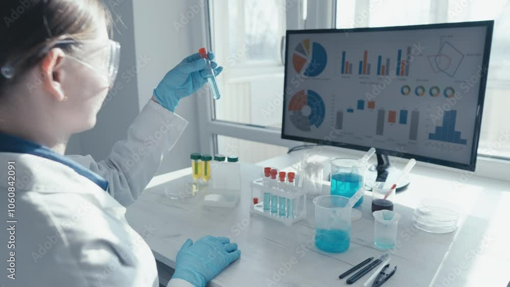 Poster A Scientist conducts Lab Research and Analysis, using Test Tubes and Glassware, sharing findings with the scientific community to enhance knowledge and foster innovation across various fields