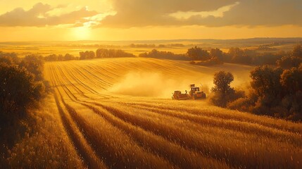Fototapeta premium Bird’s-eye view of golden fields in harvest season, machinery creating beautiful patterns across the farmland, sunlight casting warm tones, dust softly drifting in the air, serene and cinematic,