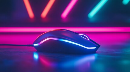 Gaming Mouse with Neon Lights in the Background. AI generated illustration