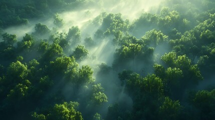 Obraz premium Bird’s-eye view of mist-covered forest, treetops peeking through layers of fog, warm sunlight filtering through at dawn, a serene and mystical scene, vibrant greens blending with foggy whites,
