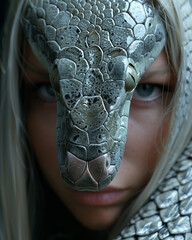Exotic beauty with a gray blue snake headdress. Snake Woman. Exotic beauty concept for high-Fashion. Happy Chinese New Year 2025. Year of the snake concept.