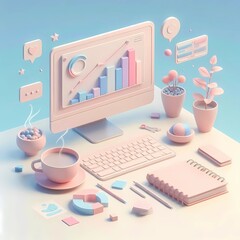 Playful Office Desk Setup with Coffee and Notebook, 3D SEO Optimization, web analytics and SEO marketing concept. 3d render illustration