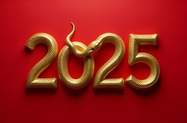Obraz premium Gold numbers 2025 in the form of a snake on a red background