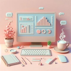 Playful Office Desk Setup with Coffee and Notebook, 3D SEO Optimization, web analytics and SEO marketing concept. 3d render illustration
