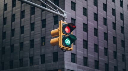 Traffic Signal with Both Red and Green Lights On in Urban Setting