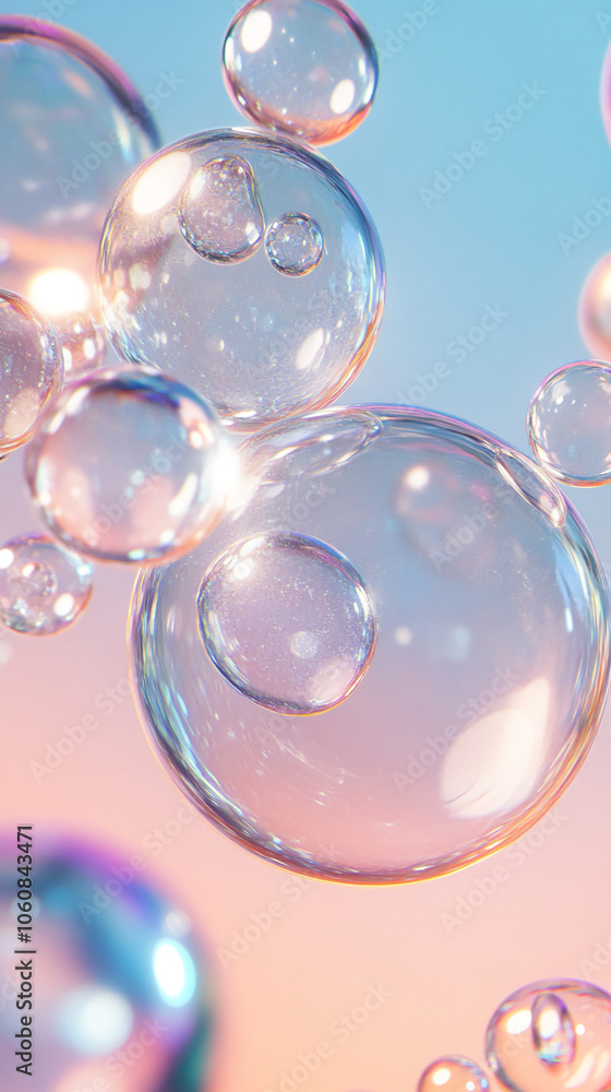 Poster a cluster of iridescent bubbles floats against a soft, blue and pink gradient background