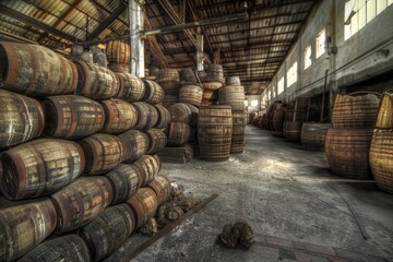 A storage room filled with numerous wooden barrels