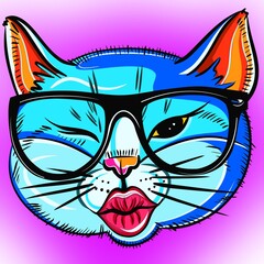 illustration of a kissing cat with glasses