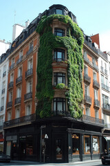A beautifully designed corner building in Paris, covered with lush green vines, showcasing enchanting architecture on a bright sunny day