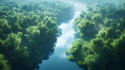 High-angle shot of a winding river through a lush forest, dense green foliage bordering both sides, sunlight creating soft highlights on the water, reflections of blue sky above,