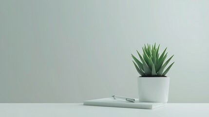 A minimalist setup with a small succulent plant in a white ceramic pot beside a closed notebook with a pen on a pure white background, resembling a high-definition photograph.