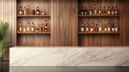 Whiskey bar with shelves full of premium bottles, polished counter, Elegant bar interior