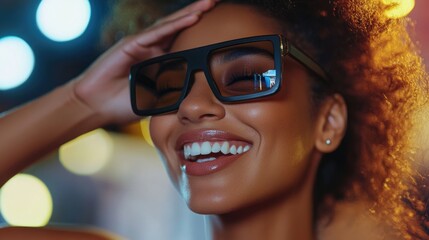 A woman wearing a pair of glasses perched on her head, a unique and quirky fashion statement