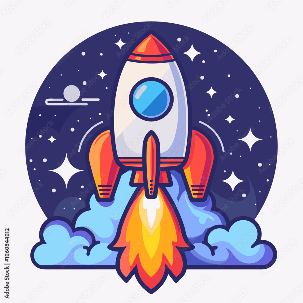 Poster rocket is flying through the sky with a bright orange flame trailing behind it. the image has a sens