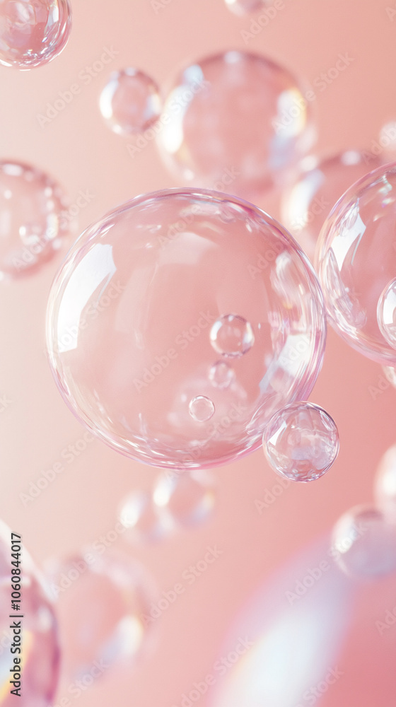 Poster Clear bubbles float against a soft pink background