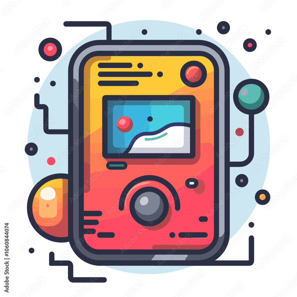 Poster vibrant and colorful cell phone with a camera on top. the camera is the main focus of the phone, and