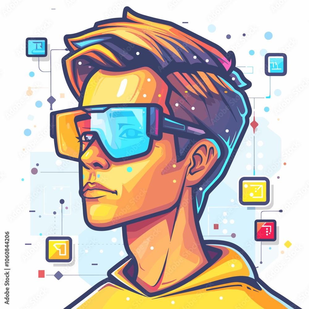 Poster man wearing glasses with a blue tint is looking at a computer screen with many icons. the image is a
