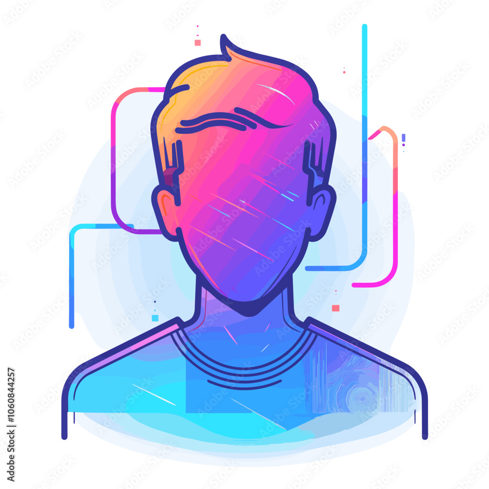 Poster man's face is shown in a colorful, abstract style. the image is meant to convey a sense of technolog