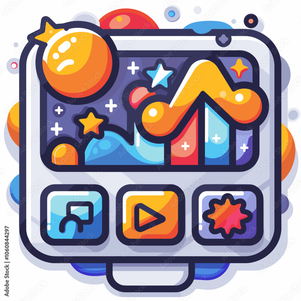 Fototapete colorful image of a computer screen with a star and a planet in the background. the screen has a men