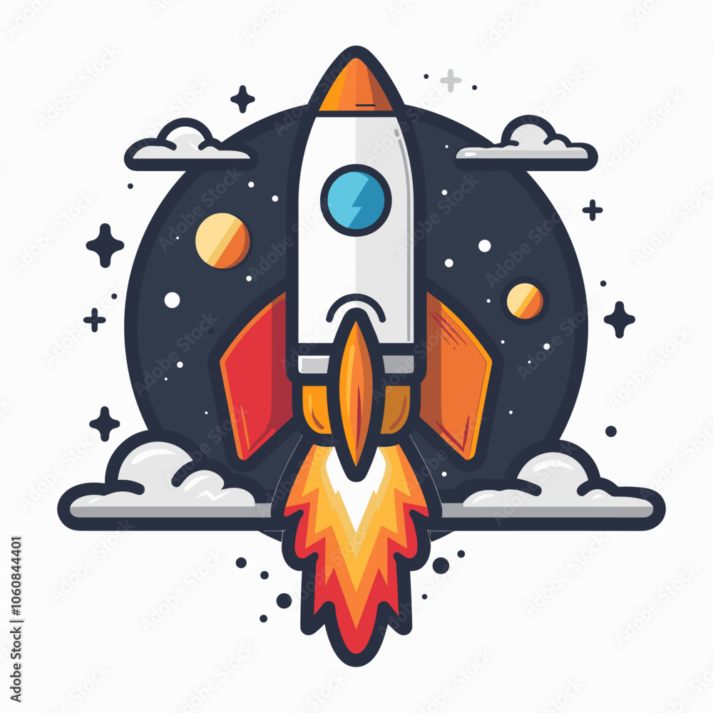 Poster rocket is flying through the sky with a bright orange flame trailing behind it. the image has a sens