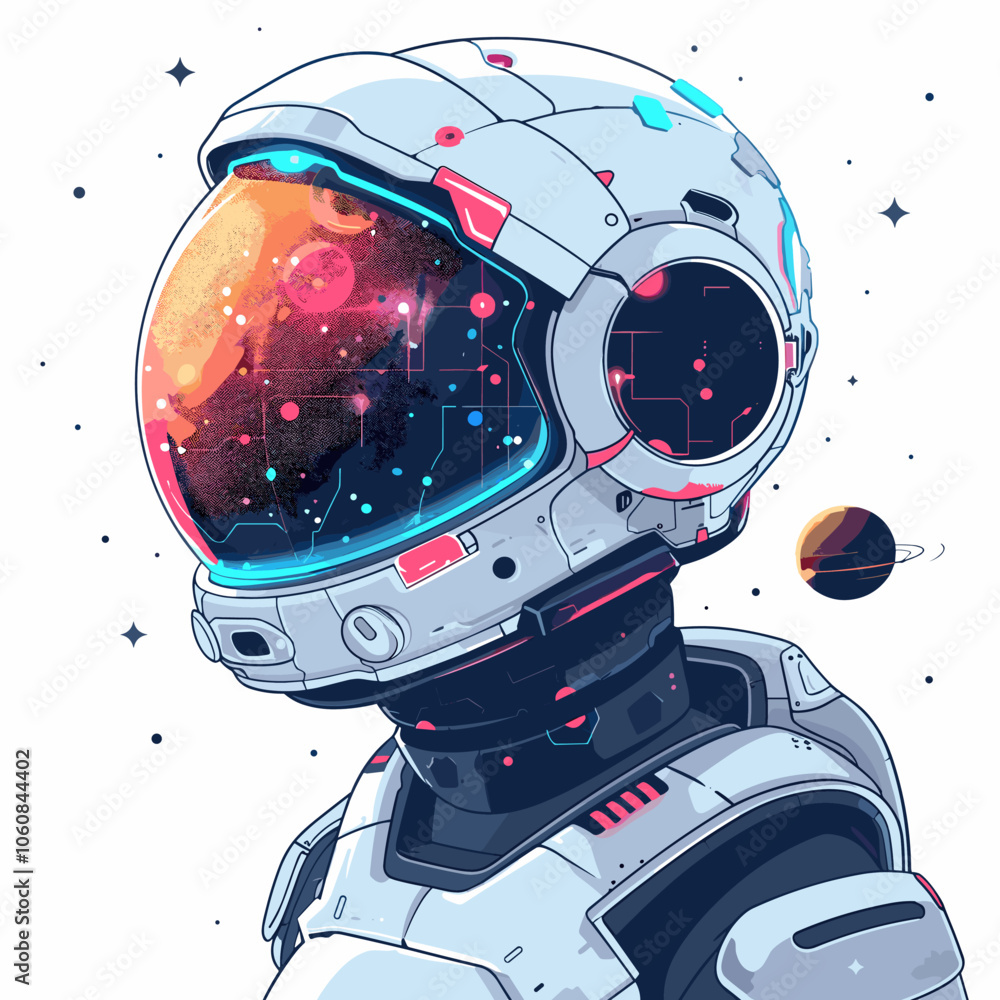 Poster space suit astronaut is standing in front of a planet and a moon. the astronaut is wearing a helmet 