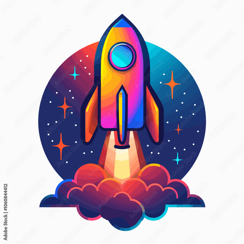 Poster rocket is flying through the sky with a bright orange flame trailing behind it. the image has a sens