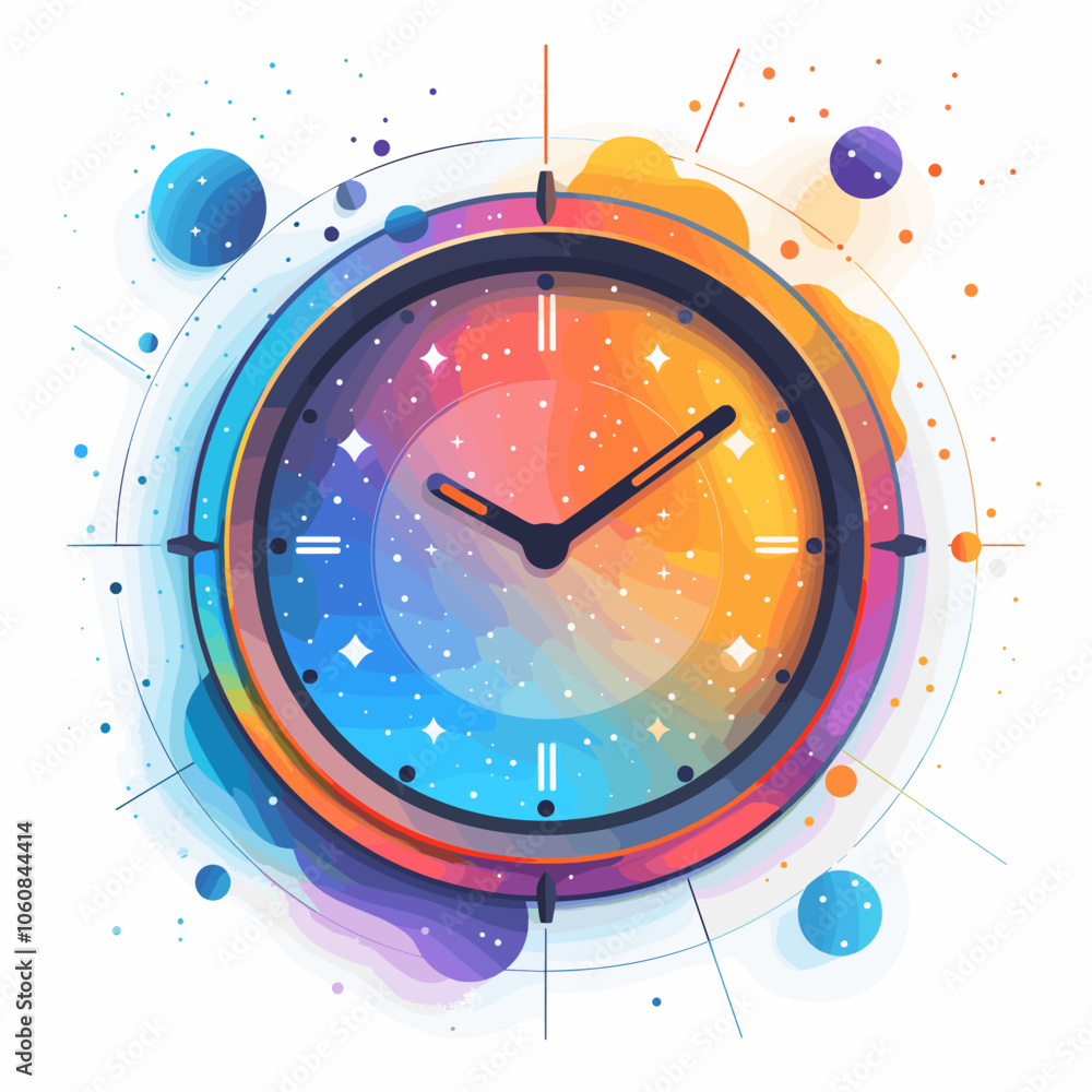 Poster Colorful clock with the hands at the numbers 3 and 9. The clock is surrounded by a circle of stars and other colorful shapes. Scene is playful and whimsical