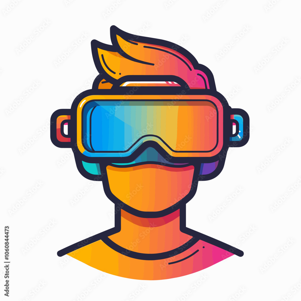 Poster man wearing a pair of virtual reality goggles. the goggles are colorful and have a rainbow effect. t