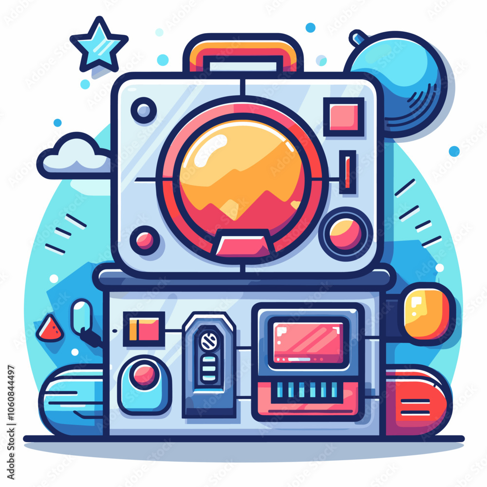 Poster cartoonish drawing of a machine with a suitcase on top of it. the suitcase is labeled 