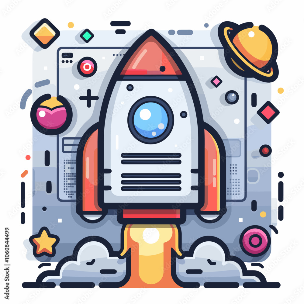 Poster rocket is flying through the sky with a bright orange flame trailing behind it. the image has a sens