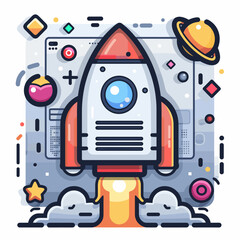 Obraz premium Rocket is flying through the sky with a bright orange flame trailing behind it. The image has a sense of adventure and excitement, as if the rocket is embarking on a journey to explore the unknown