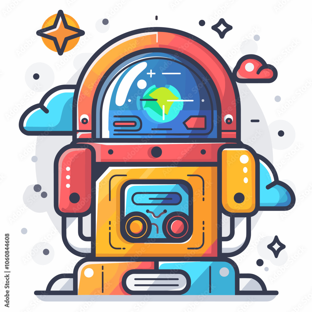 Poster colorful robot with a radio on its head. the robot is sitting on a white background. the robot is co