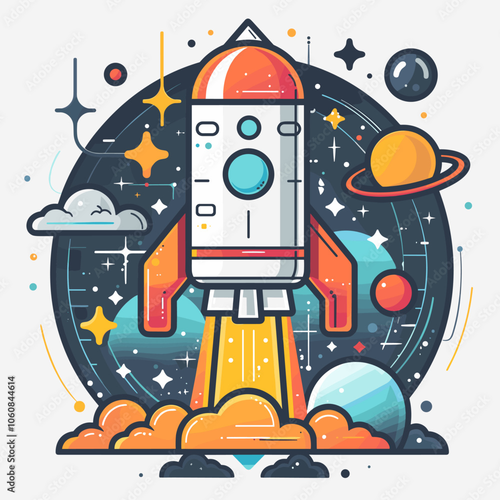Poster rocket is flying through the sky with a bright orange flame trailing behind it. the image has a sens