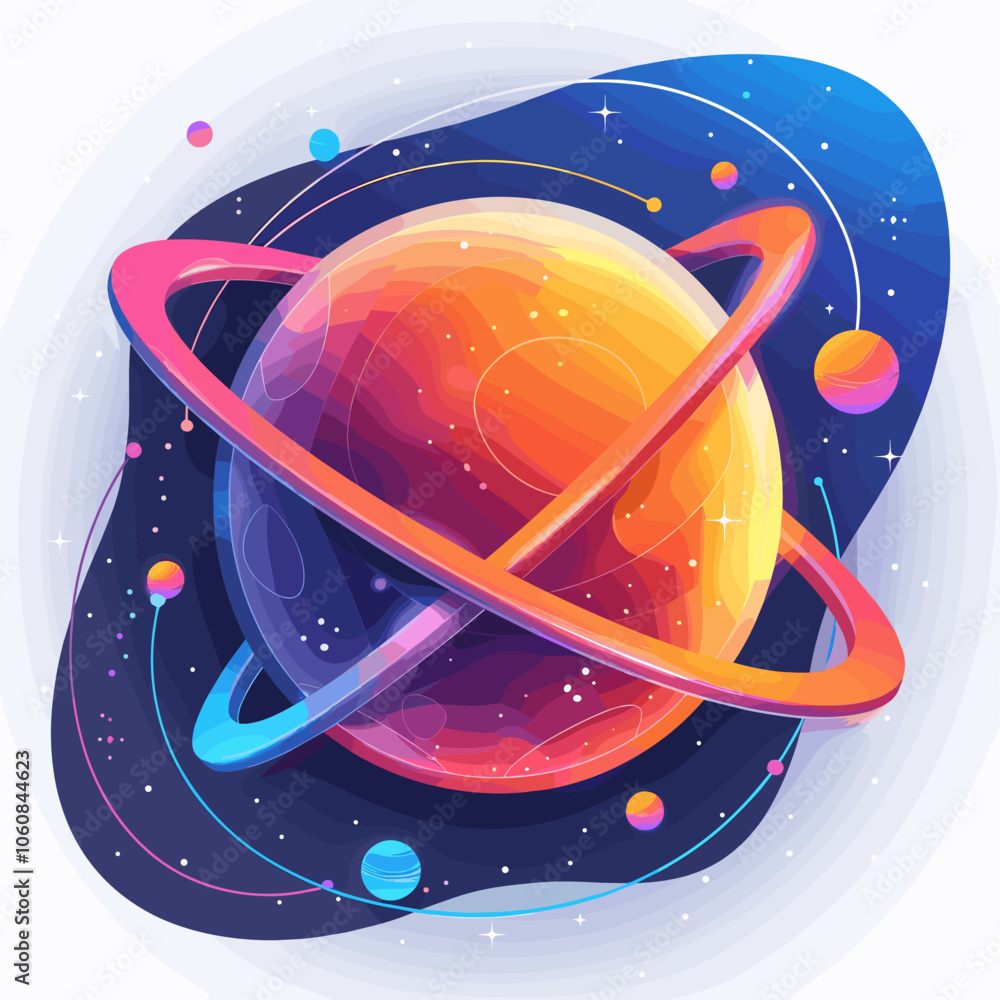Poster colorful planet with a ring around it is surrounded by stars. the planet is the main focus of the im