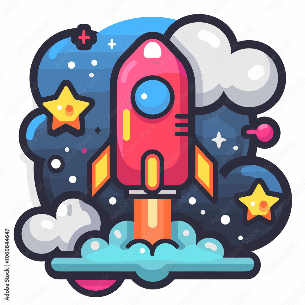 Poster rocket is flying through the sky with a bright orange flame trailing behind it. the image has a sens