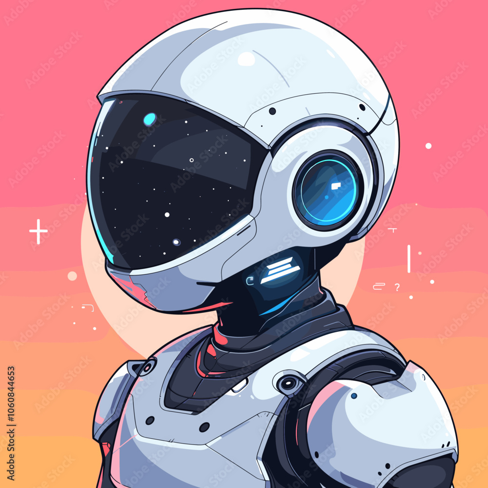 Poster robot with a helmet on a white background. the robot is wearing a white helmet and has a futuristic 