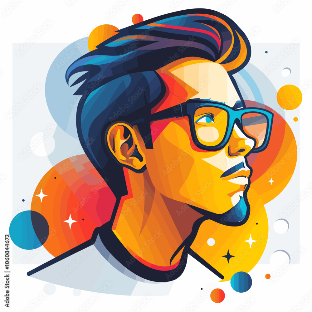 Poster man with glasses is the main focus of the image, he has a serious expression on his face. the image 