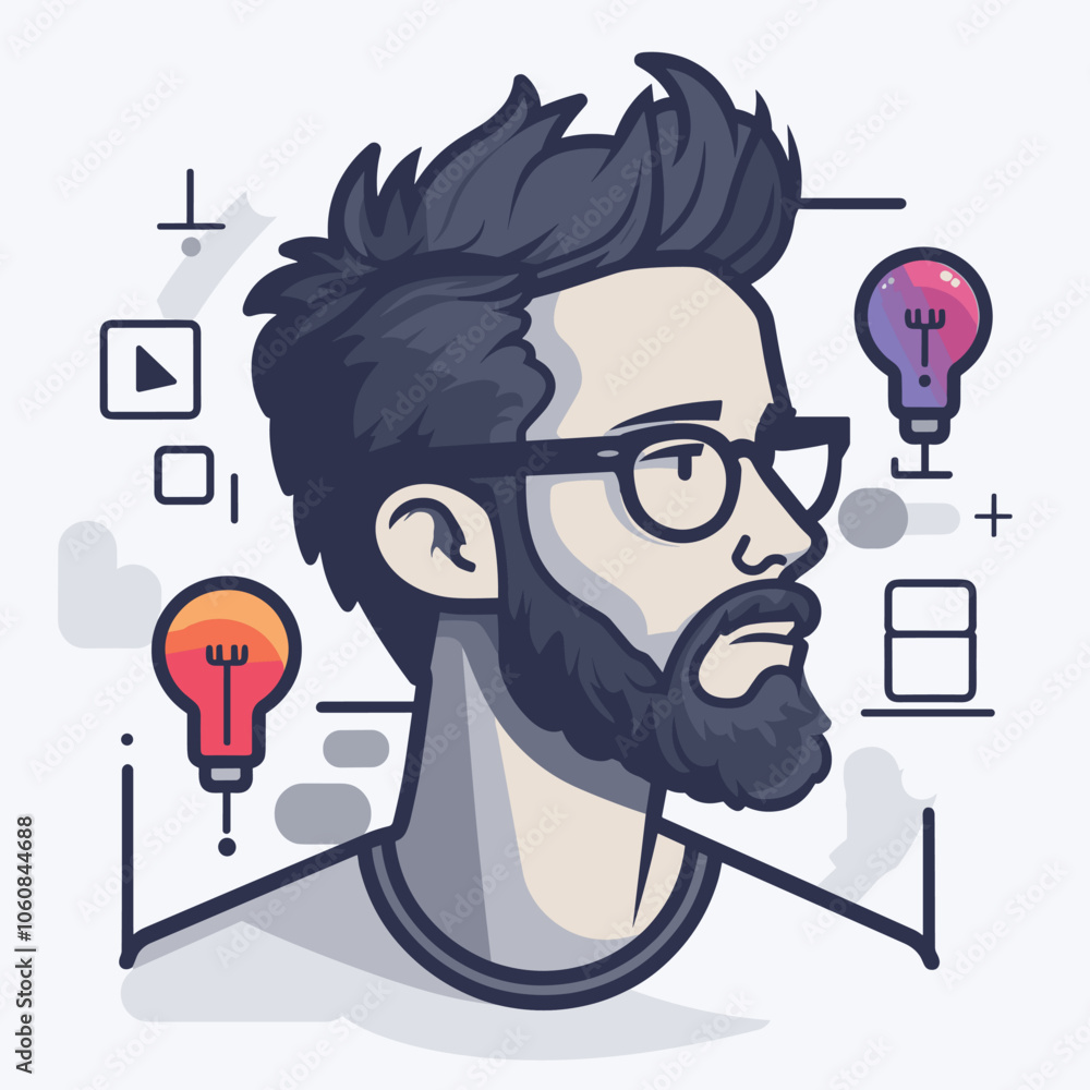 Poster man with glasses and a beard is shown with a light bulb on his head. the image is meant to convey th
