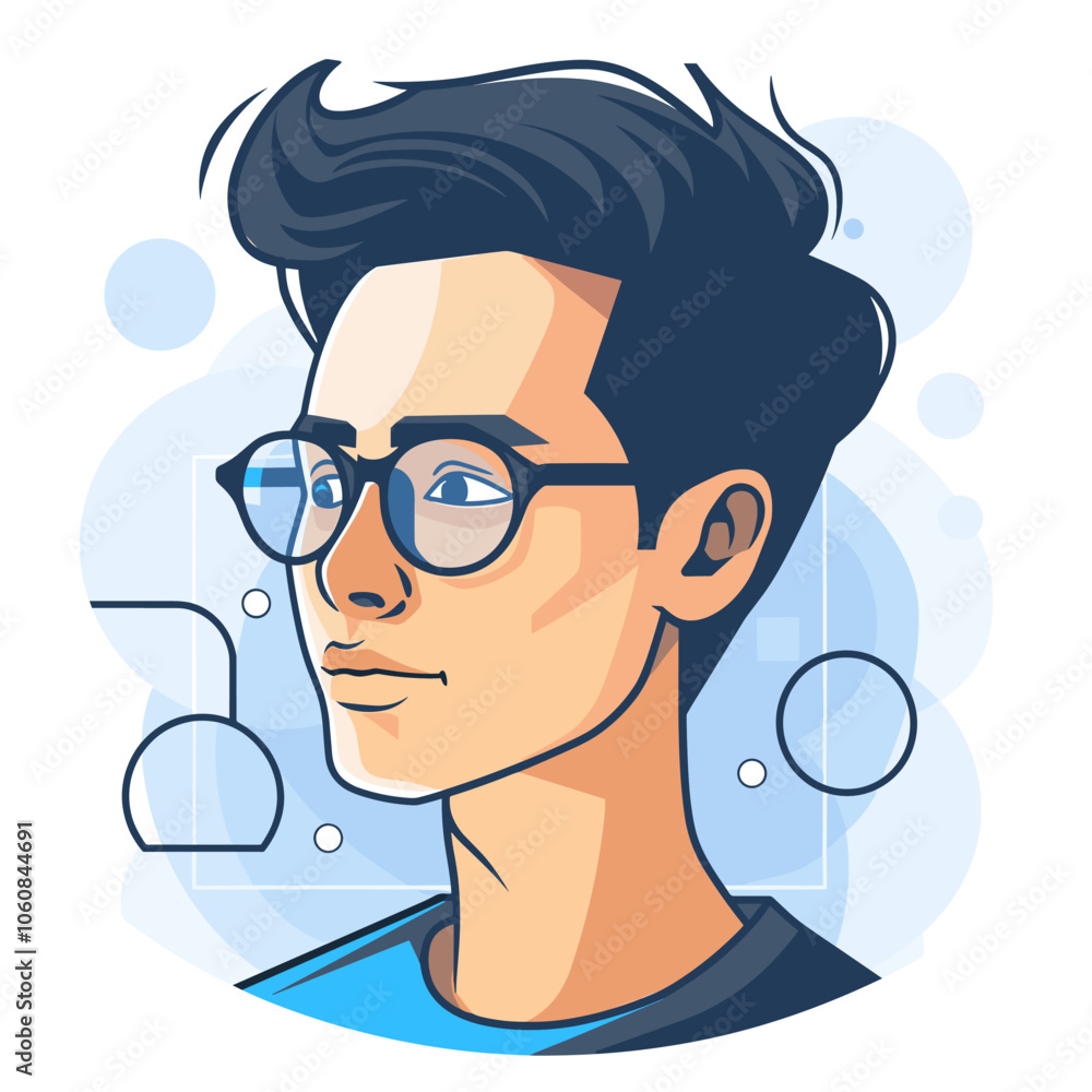 Poster man with glasses is the main focus of the image, he has a serious expression on his face. the image 