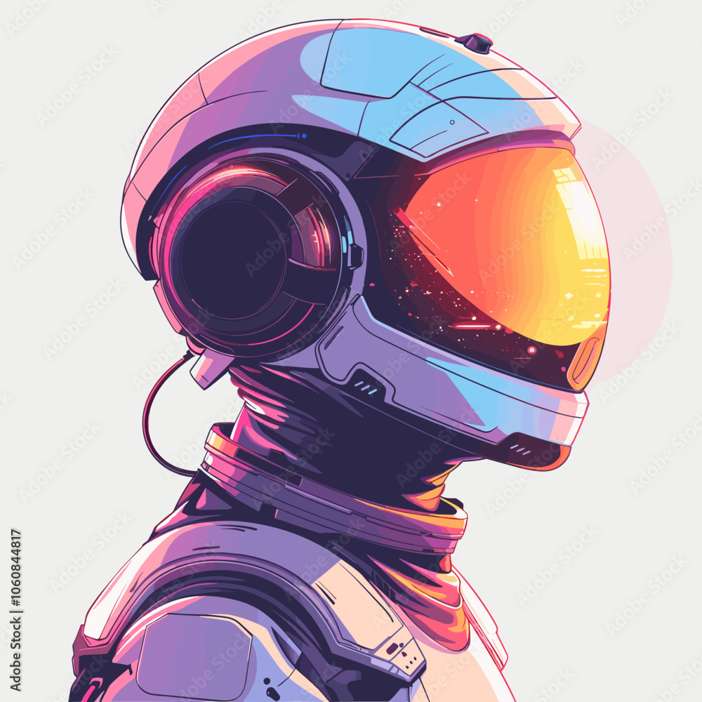 Poster man in a space suit with a helmet on. the helmet is white and has a blue stripe. the man is standing