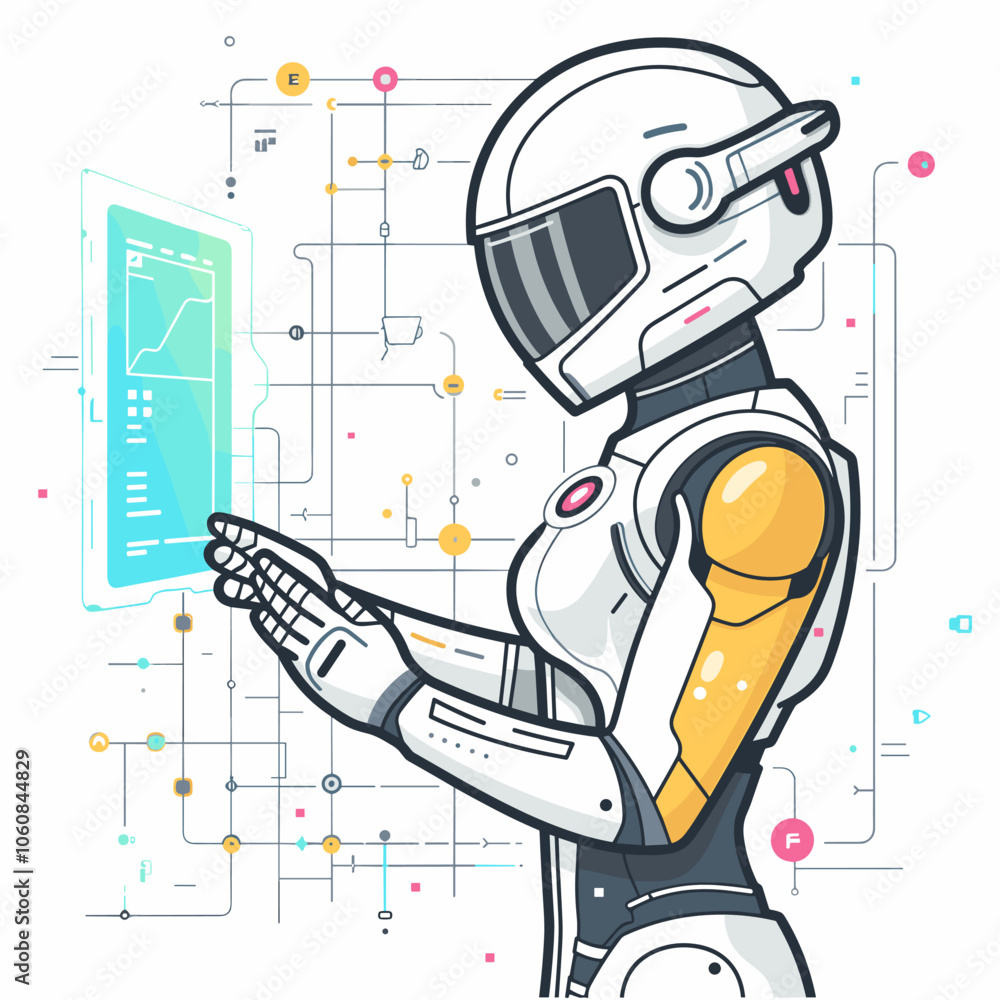 Poster robot with a helmet on a white background. the robot is wearing a white helmet and has a futuristic 