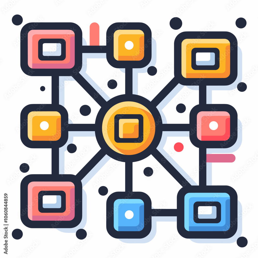 Poster colorful network of squares and circles with a yellow circle in the middle. the circles and squares 