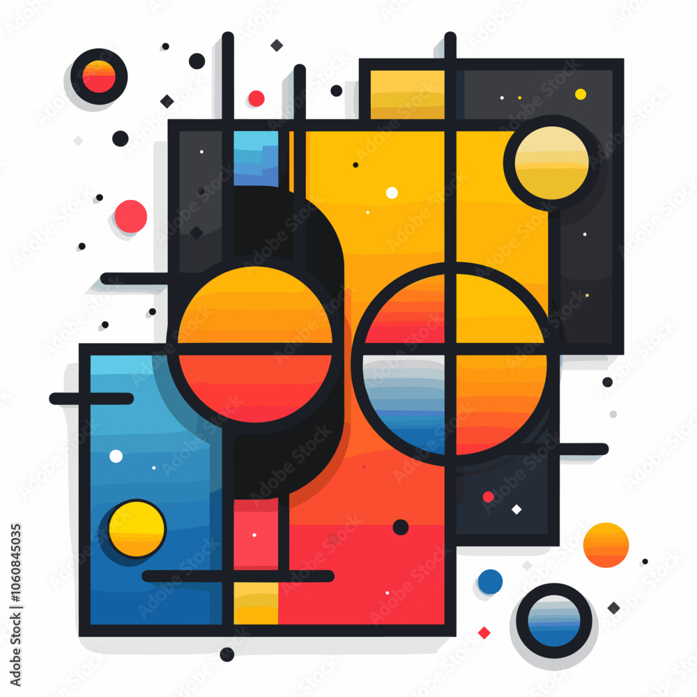 Poster colorful abstract painting with a lot of circles and squares. the circles are in different colors an