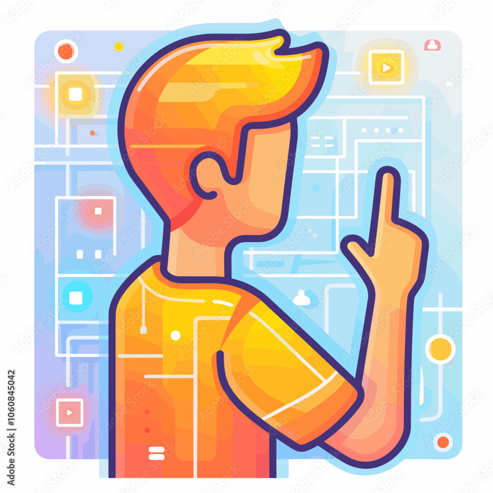Poster man in an orange shirt is pointing at something on a computer screen. concept of curiosity and inter