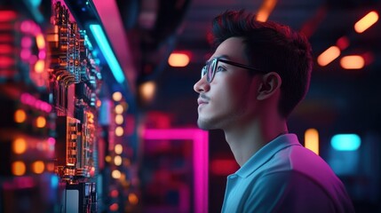 Asian Engineer Viewing Holographic Technology