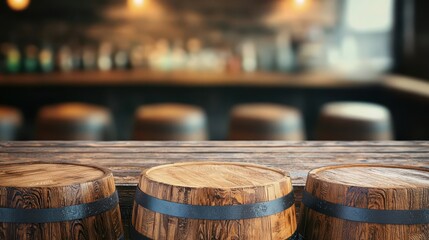 Bar with barrel tables and rustic decor, dim lighting, Rustic brewery bar