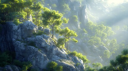 High-angle view of forest-covered mountain slopes, trees densely packed against rocky cliff edges, sunlight casting soft highlights, varied elevations adding depth,