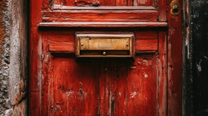 Weathered Vintage Red Wooden Door with Antique Mailbox