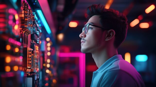 Asian Engineer Viewing Holographic Technology - Powered by Adobe